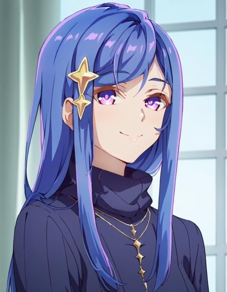 score_9, score_8_up, score_7_up, score_6_up, score_5_up, score_4_up, source_anime,  Maha, long hair, blue hair, purple eyes, hair ornament, , portrait, smile