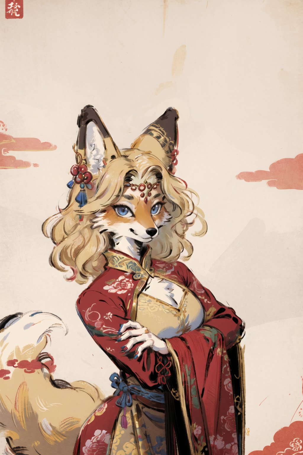 masterpiece,highres,furry fox girl,solo,blonde,chinese dress, hair ornament, anicent chinalooking at viewer, 