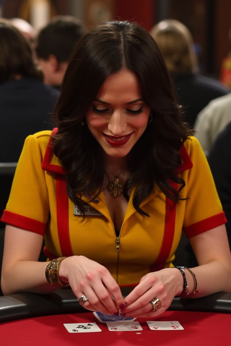 a celebrity poker photograph of a max from two broke girls woman wearing a yellow and red uniform playing poker holding playing cards in her left hand. she is looking down at the cards slightly smiling<lora:Max_from_Two_Broke_Girls:1> 