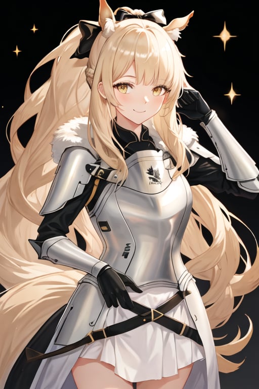 best quality, masterpiece, highres, solo, {blemishine_arknights:1.15}, long_hair, animal_ears, horse_ears, blonde_hair, animal_ear_fluff, ponytail, bangs, yellow_eyes, horse_girl, upper_body, smile, hair_bow, bow, black_bow, extra_ears, 1girl, armor, closed_mouth, fur_trim, simple_background, white_background, portrait, looking_at_viewer