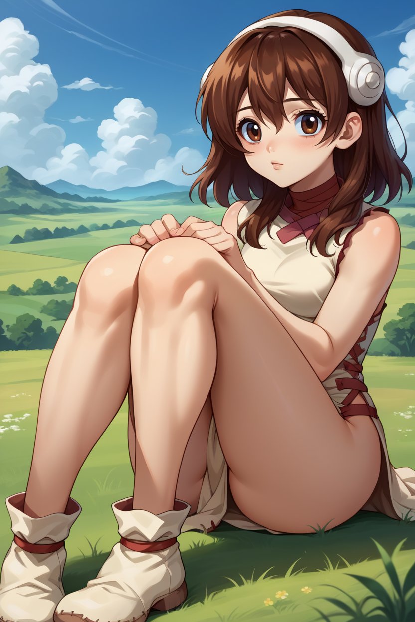 score_9, score_8_up, score_7_up, score_6_up, source_anime, BREAK 1girl, solo,  <lora:dsyuzu-pdxl-nvwls-v1-000005:1> dsyuzu, brown hair, brown eyes, headphones, shorthair, red choker, beige dress, sleeveless, side slit, ankle boots, sitting, knees up, blue sky, clouds, hill, field, looking at you