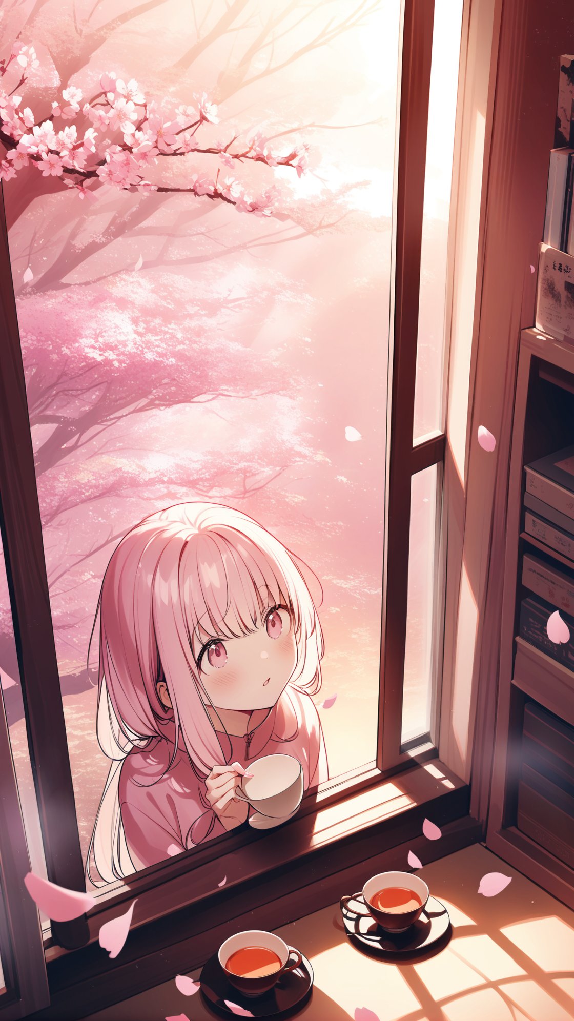 (masterpiece, best quality:1.2),Illustrative style,indoor setting,window view,Spring,green,A cherry blossom tree full of pink cherry blossoms,petals,pink themes,sunlight,Looking up,looking out the window,home atmosphere,creative space,tea cup,modern style,warmth,tranquility,artistic,