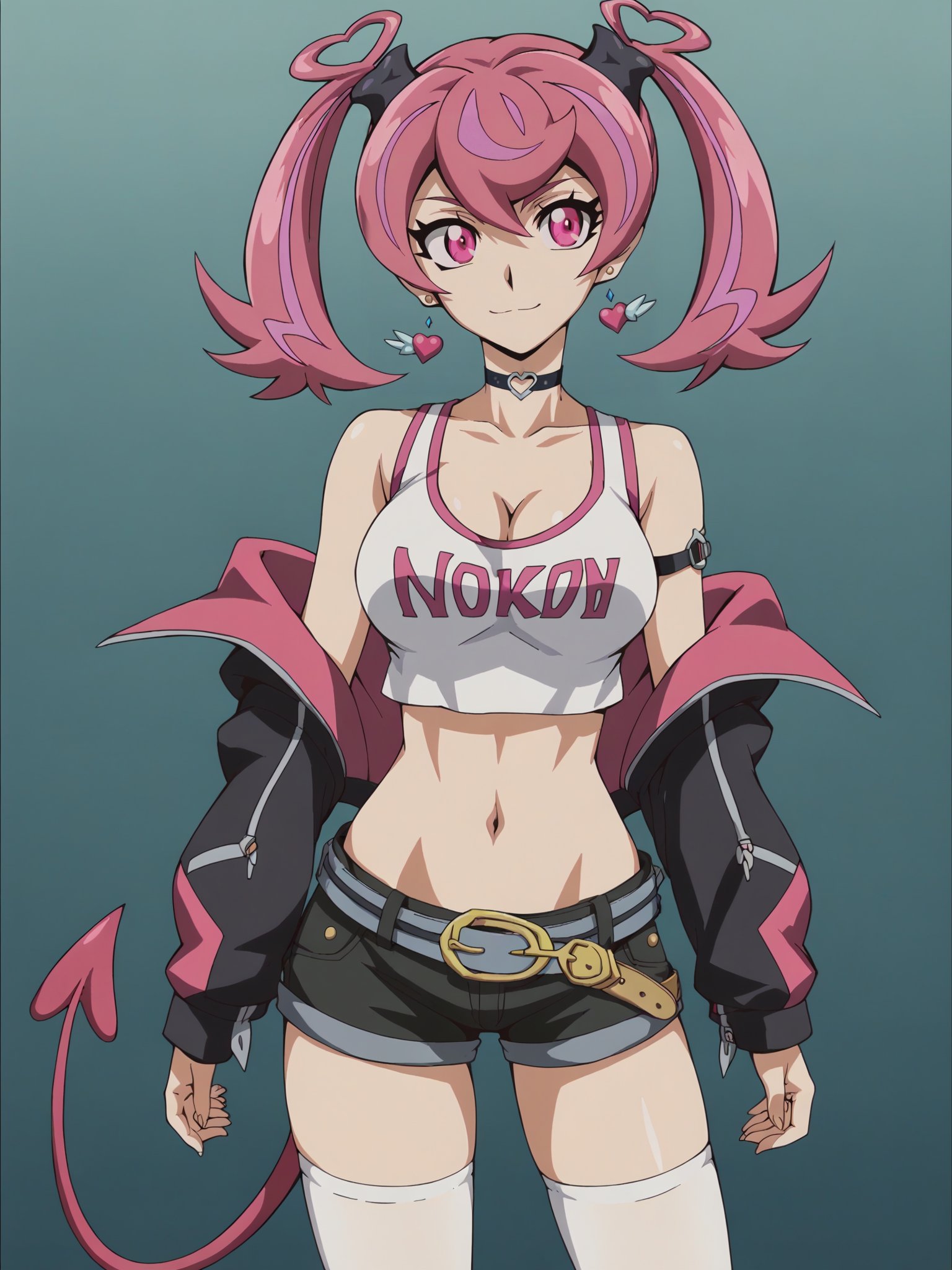 score_9, score_8_up, score_7_up, score_6_up, score_5_up,1girl, solo, breasts, tail, pink_hair, horns, demon_tail, shorts, jacket, twintails, large_breasts, smile, looking_at_viewer, long_hair, navel, choker, black_background, pink_eyes, short_shorts, belt, demon_girl,  pink_jacket, demon_horns, simple_background, tank_top, open_jacket, cleavage, black_shorts, open_clothes, thighhighs, off_shoulder, bare_shoulders, closed_mouth, head_tilt, hair_between_eyes, cowboy_shot, jewelry, micro_shorts, collarbone, black_choker, white_thighhighs, crop_top, bangs, earrings, clothes_writing, shirt, midriff, standing, see-through, contrapposto, long_sleeves <lora:Yugioh_Vrains:1>