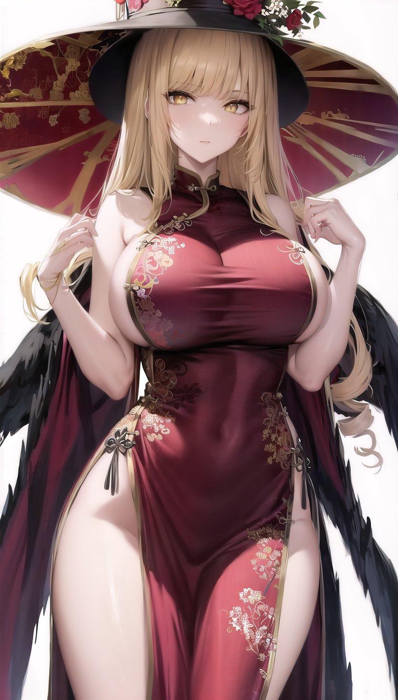 roseoriana-hairstyle,drill hair,yellow eyes,blonde hair, (china dress:1.28), lady,mature female,cowboy shot,(white background, simple background:1.08),highres,official art,original,masterpiece,best quality,(huge breasts),<lora:rose oriana2:0.8>