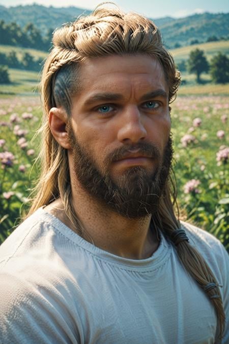 score_9, score_8_up, score_7_up, score_6_up<lora:ACMEivor:1.0>ACMEivor, 1boy, blonde hair, long hair, blue eyes, beard, looking at viewer, standing in a field of lavender, wearing a simple white shirt, soft pastel colors all around, calm and fragrant environment, gentle breeze