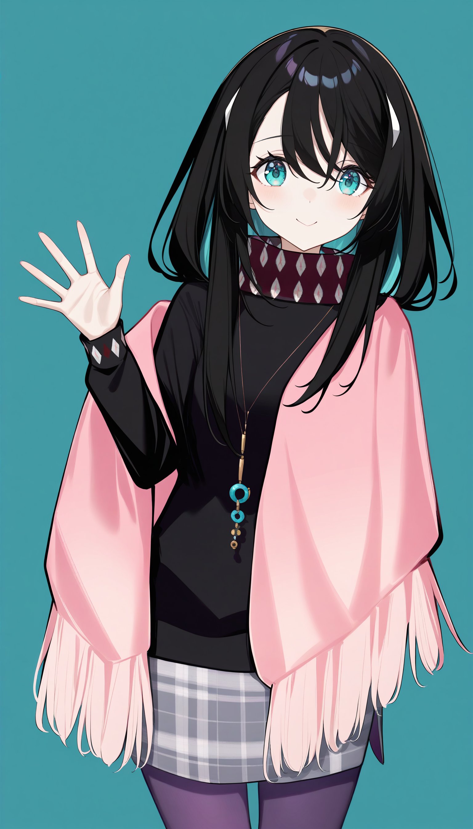 1girl,inori,mo8,(azuuru:1.1),(torino aqua:1.2),(azuuru:1.1),kedama milk,fuzichoco,ask \(askzy\),chen bin,atdan,hito,mignon,hairclip,black sweater,necklace,plaid pencil skirt,pink shawl, white background,simple background,upper body,solo,very long black hair,purple pantyhose,waving,looking at viewer,masterpiece,best quality,newest,absurdres,safe,<lora:Fixhands_anime_bdsqlsz_V1:1>,<lora:inori8:1>,