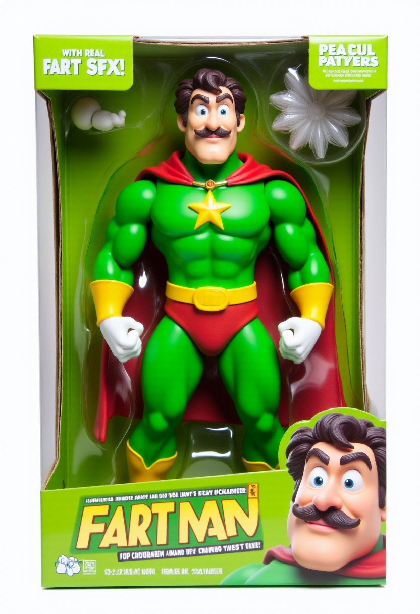 This is a photograph of a toy packaging featuring a character named "Fart Man". The figure is depicted in a bright green superhero costume with a yellow star emblem on its chest, white gloves, and a matching green cape with red trim. The figure has a stylized, exaggerated facial expression with large eyes, a prominent mustache, and a surprised look. The packaging box is predominantly green with a white border and features a humorous design. Extra text: "with real fart SFX!" <lora:Action_Figurator_F1D:0.9>