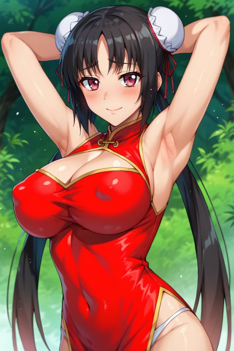 score_9,score_8_up,score_7_up,score_9,score_8_up,score_8,ultra detailed,beautiful face,highres BREAK, 1 girl, solo, black hair, dress, , double bun, white gloves, red dress, Chinese dress, blush, cleavage, , , bare shoulders, li meng meng, underwear, covered nipples, large breasts, hair ornament, smile, hands behind head, armpits<lora:EMS-394084-EMS:0.700000>
