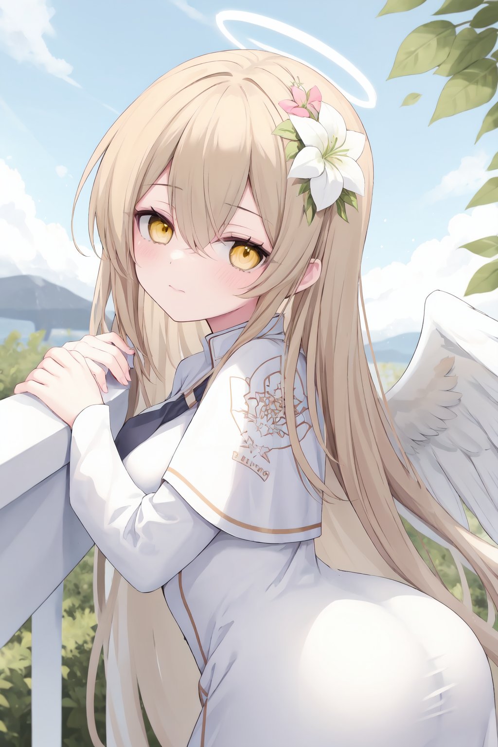 1girl, solo, flower, hair flower, hair ornament, long hair, wings, looking at viewer, yellow eyes, dress, blonde hair, blush, bangs, white dress, closed mouth, breasts, hair between eyes, capelet, halo, outdoors, long sleeves, white wings, white flower, leaf, white capelet, feathered wings, ass, leaning forward, angel wings, looking to the side