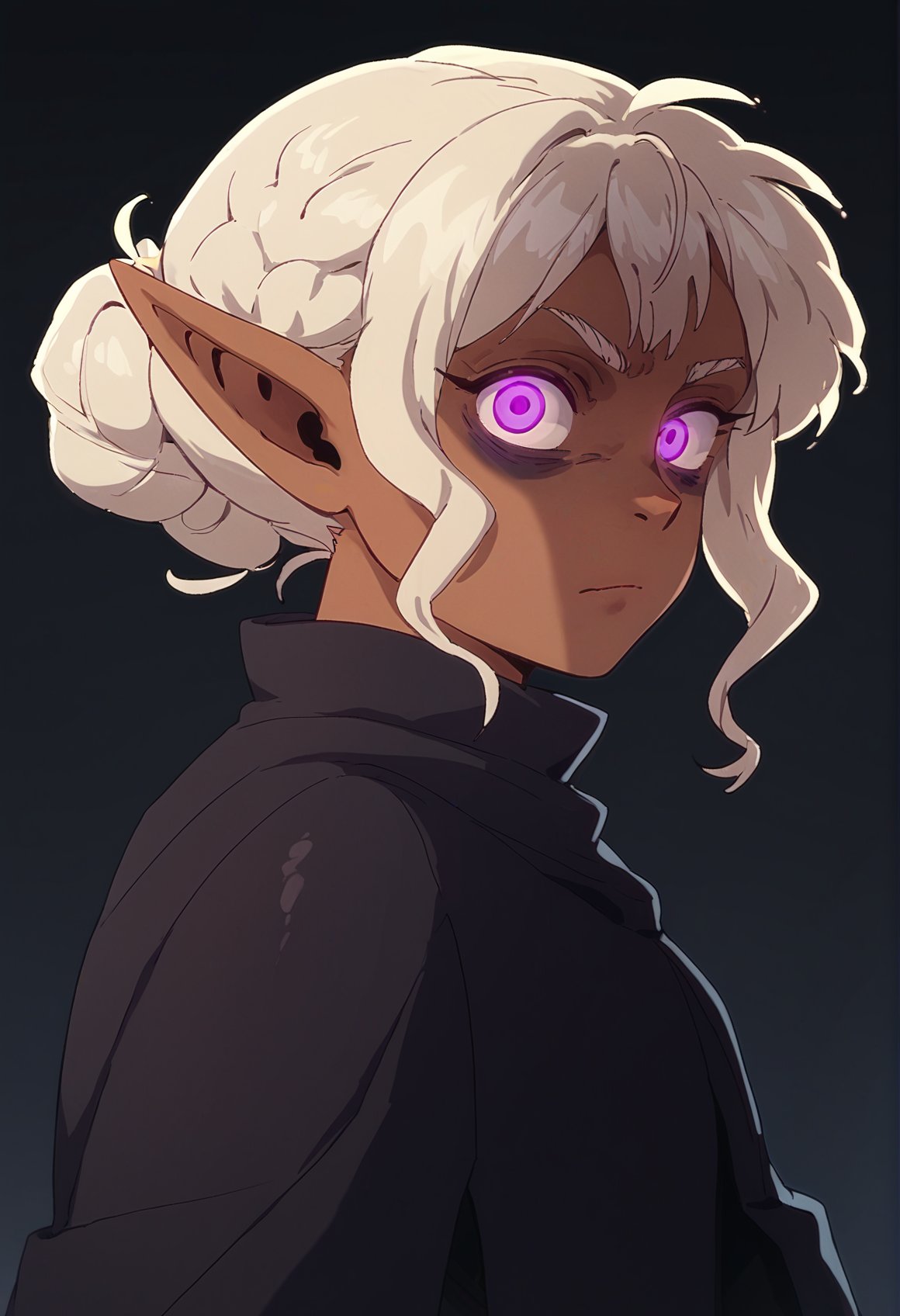 (score_9), score_8_up, score_7_up, score_6_up, zPDXL, 1boy, thistle \(dungeon meshi\), white hair, pointy ears, dark skin, bangs, braid, purple eyes, profile, from side, black robe, black poncho, symbol-shaped pupils, face focus, close-up, glowing eyes, anger, closed mouth, looking at viewer, crazy eyes, shaded face, dark background, <lora:Thistle_DM_XL_Pony-10:1>, bluethebone style, <lora:Bluethebone_Style_PonyXL:1>