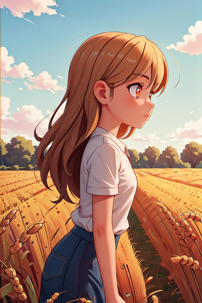 masterpiece,best quality,1girl,small breasts,wheat field,from side,glowing eyes,