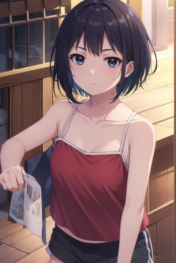 keikosanjou, <lora:keiko sanjou s1-lora-nochekaiser:1>,keiko sanjou, short hair, black hair, (black eyes:1.5),BREAK shorts, black shorts, camisole, bare shoulders, collarbone, (red camisole:1.5),BREAK outdoors, shrine,BREAK looking at viewer, (cowboy shot:1.5),BREAK <lyco:GoodHands-beta2:1>, (masterpiece:1.2), best quality, high resolution, unity 8k wallpaper, (illustration:0.8), (beautiful detailed eyes:1.6), extremely detailed face, perfect lighting, extremely detailed CG, (perfect hands, perfect anatomy),