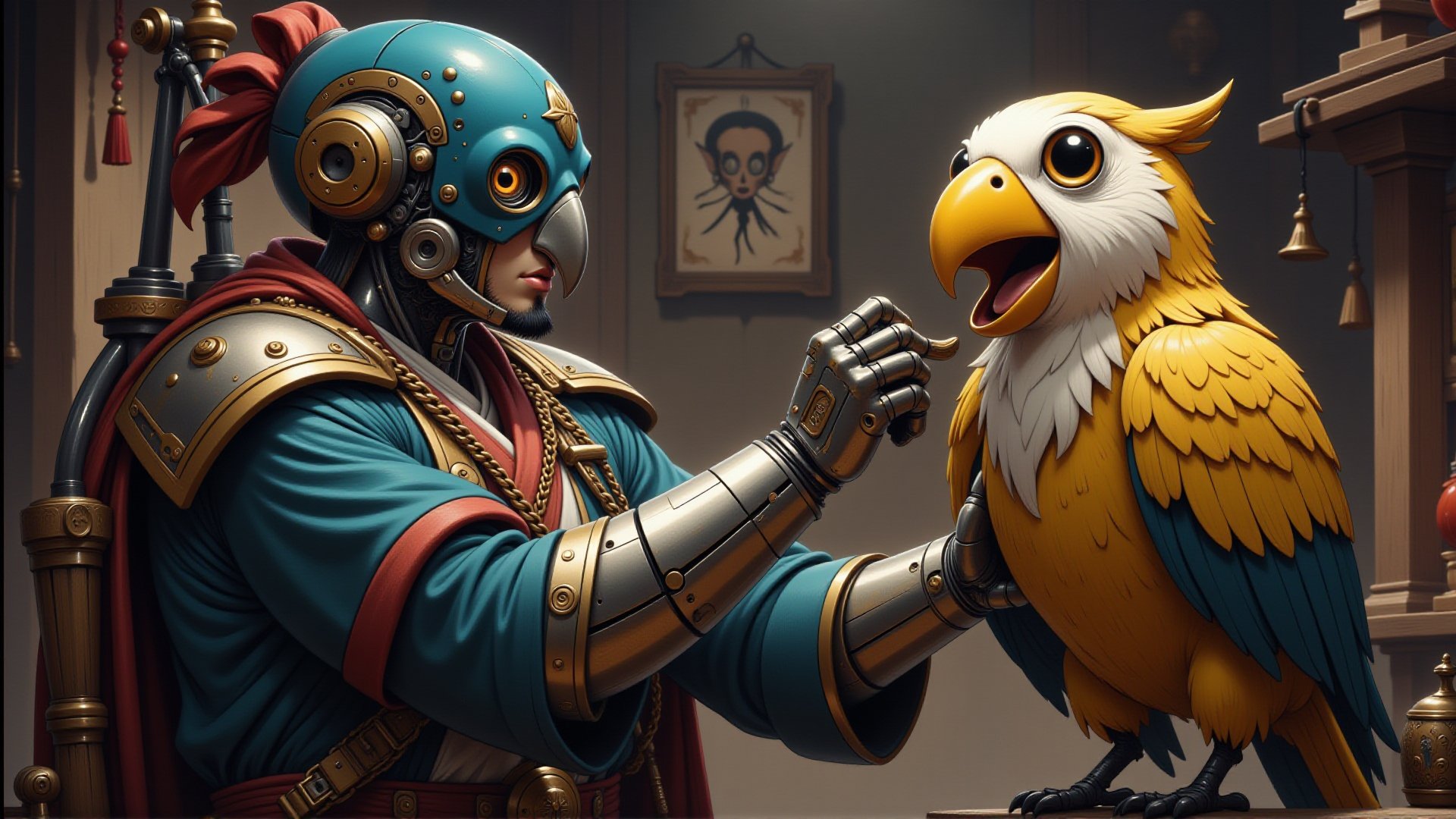 A cyborg pirate standing upright to polish his gleaming parrot.