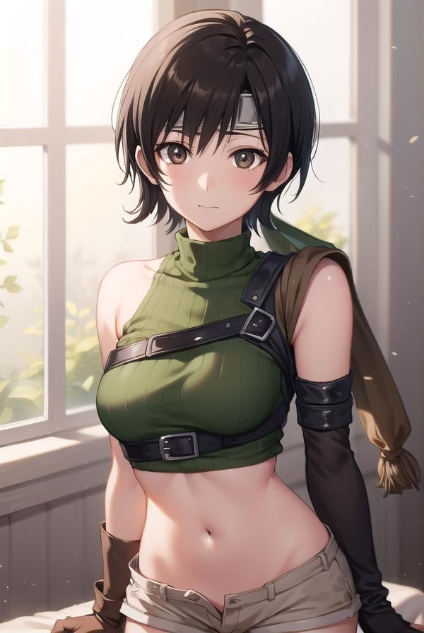 yuffiekisaragi, <lora:yuffie kisaragi v2-lora-nochekaiser:1>, yuffie kisaragi, (black hair:1.5), (brown eyes:1.7), short hair, pixie cut,BREAK crop top, fingerless gloves, fishnet thighhighs, fishnets, forehead protector, gloves, headband, navel, short shorts, shorts, single sleeve, single thighhigh, sleeveless, sleeveless turtleneck, thighhighs, turtleneck,BREAK cowboy shot, looking at viewer, BREAK indoors,BREAK <lyco:GoodHands-beta2:1>, (masterpiece:1.2), best quality, high resolution, unity 8k wallpaper, (illustration:0.8), (beautiful detailed eyes:1.6), extremely detailed face, perfect lighting, extremely detailed CG, (perfect hands, perfect anatomy),