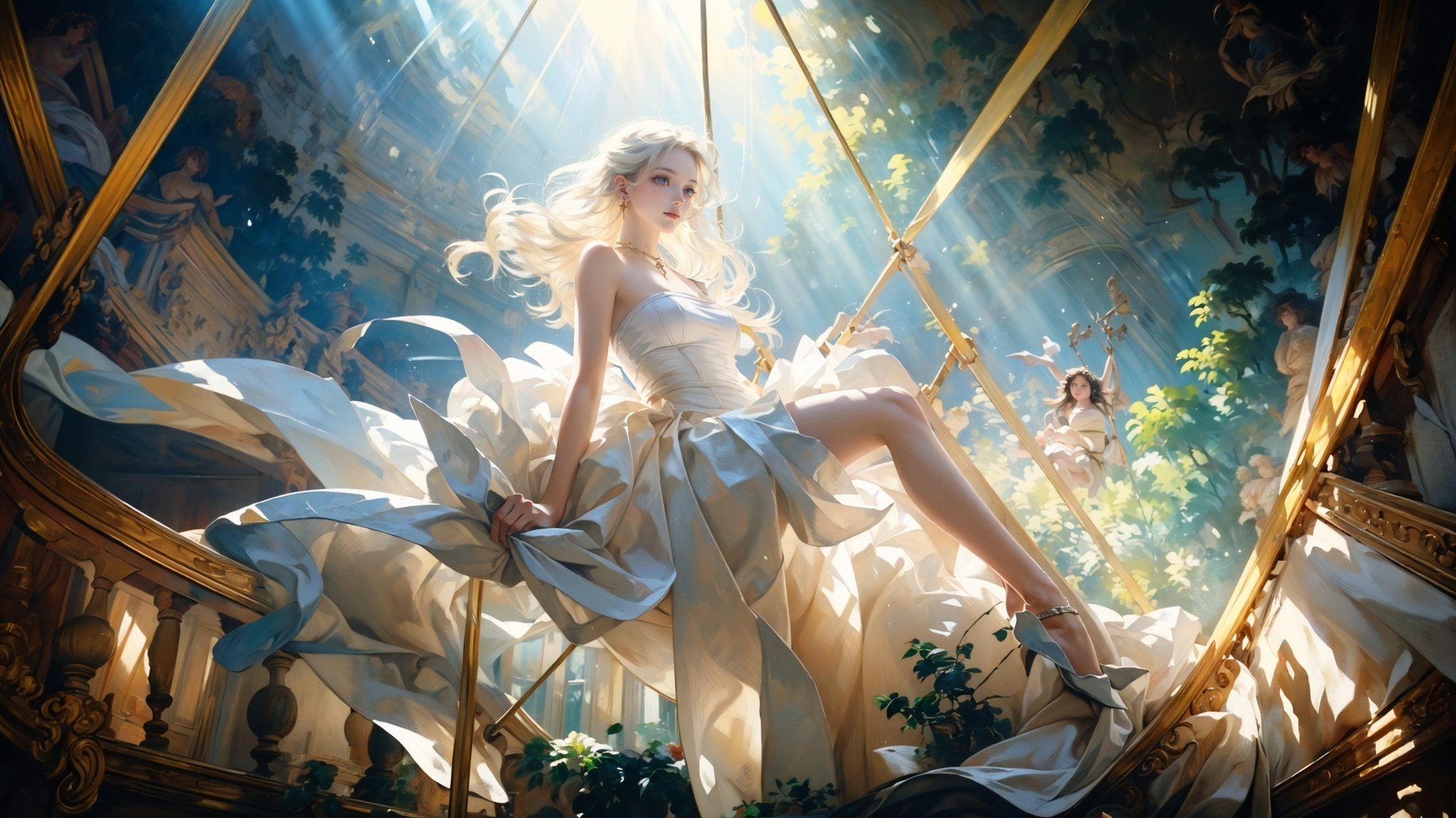 Low Angle shooting, super wide lens,Rococo style，solo, bare shoulders，strapless dress，sunbeam，sunlight，medium breasts,curtains，tree，light rays，reflection，long hair，White hair, babydoll,A shot with tension，(Visual impact,giving the poster a dynamic and visually striking appearance:1.2),impactful picture,<lora:绪儿-洛可可油画风 Rococo style:0.8>(Trapeze:1.5),necklace,earrings,