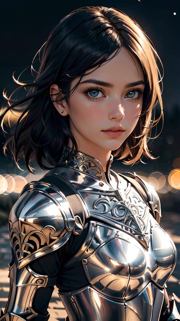 Portrait of a girl, the most beautiful in the world, (medieval gold armor), metal reflections, upper body, outdoors, intense moonlight, far away castle, professional photograph of a stunning woman detailed, perfect bobbed sexy intense black hair, sharp focus, dramatic, award winning, cinematic lighting, volumetrics dtx, (film grain, blurry background, blurry foreground, bokeh, depth of field, perfect night, interaction, Perfect chainmail), (masterpiece), (extremely intricate:1.3), (realistic), HDR+