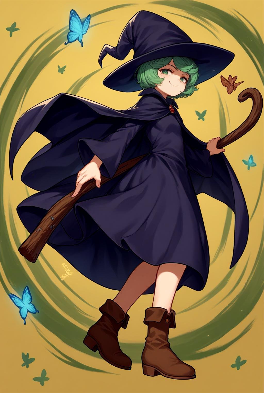 score_9, score_8_up, source_anime, looking at viewer, solo,<lora:ShierkePdxlDwnsty:0.8>, green hair, short hair, witch hat, cape, dress,  robe, long sleeves, boots, brown footwear, brooch, from side, smug, broom riding, midair, floating, floating hair, yellow background, abstract background, butterfly, spiral, 