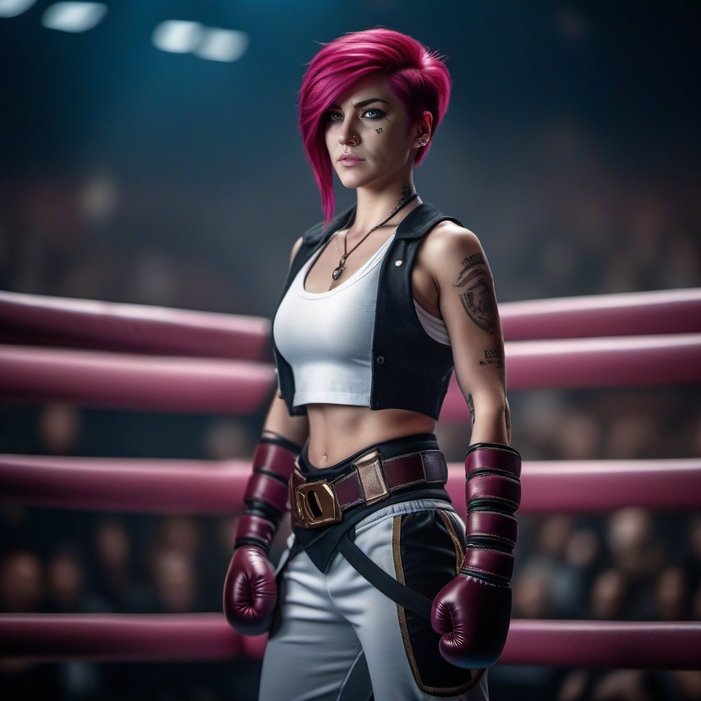 a woman, full body, pink hair, white tanktop, boxing glove, boxing ring, crowed stadium, steampunk background,  (((text ''VI'')))  <lora:Vi1024-V2:0.6>