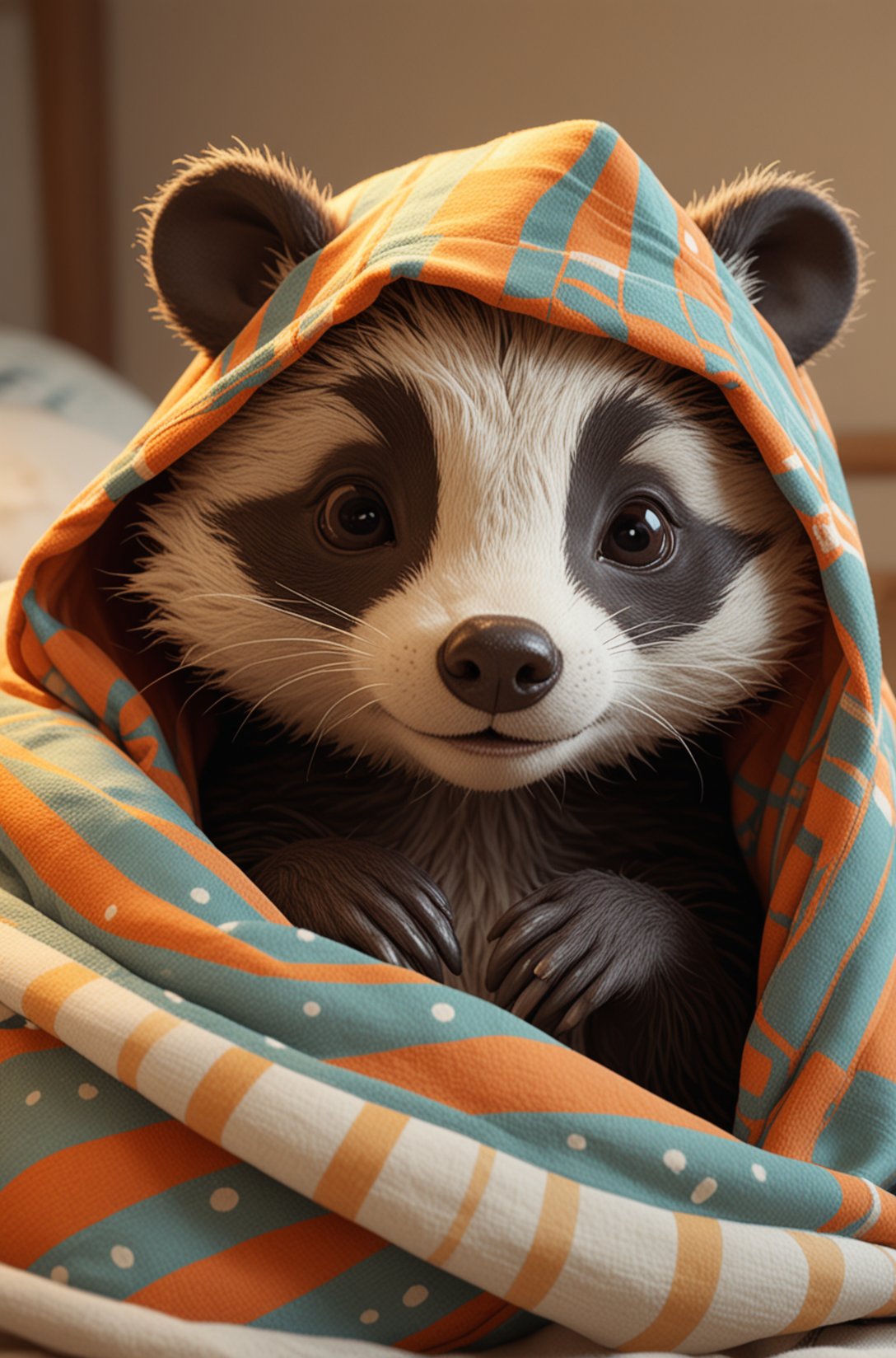 Cute cartoon style of a adorable little colourful Badger, snuggled, curled up, smiling, sleeping with a little blanket, tiny bedroom, on a bed under the blanket, ethereal, soft, detailed, beautiful, cosy, cute, Pixar, snoozing, 3D render, UHD