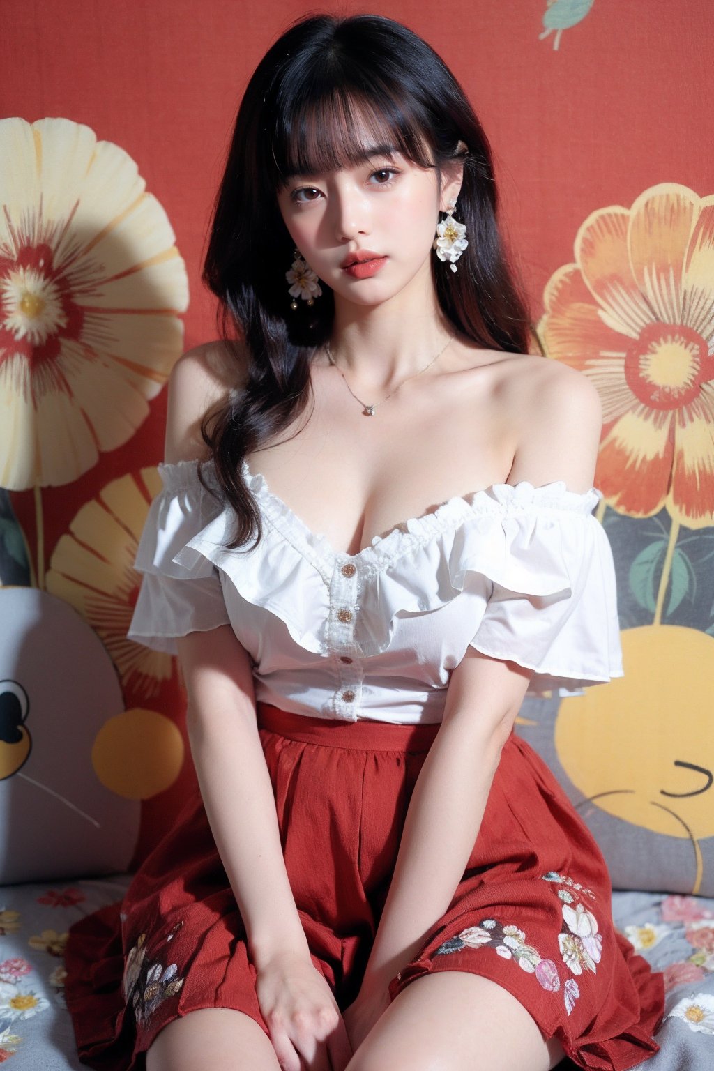 1girl,moyou,NSFW,plump,solo,jewelry,long hair,necklace,earrings,looking at viewer,cowboy shot,off shoulder,wavy hair,bare shoulders,grey eyes,lips,parted lips,skirt,frills,(red dress:1.3),colorful balloons,winnie the pooh,(flower background:1.5),