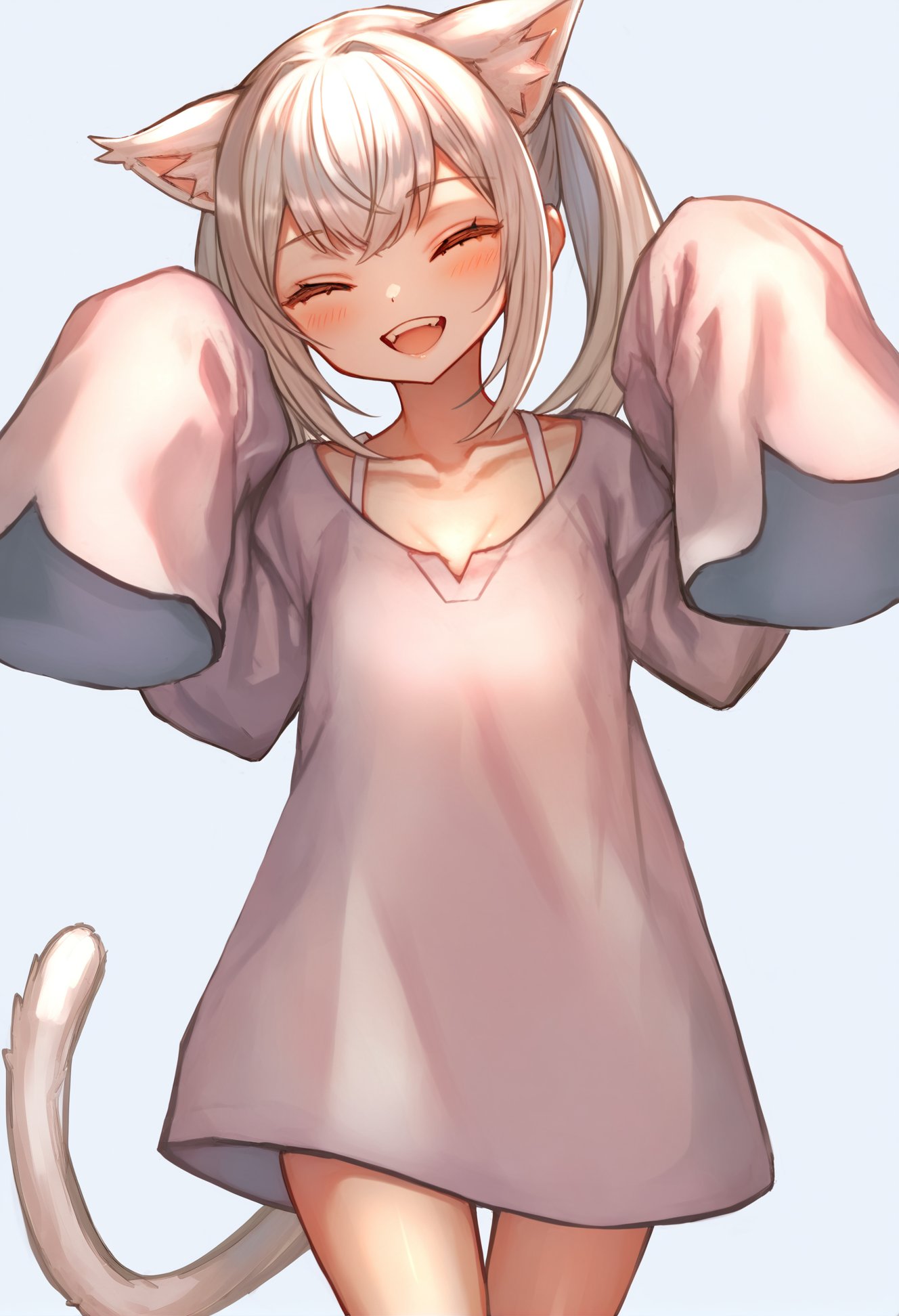 masterpiece, best quality, 1girl, catgirl,solo,white hair, twintails, blush, smile, shirt, white shirt, long shirt, ^ ^, closed eyes, collarbone, cropped legs, long sleeves, sleeves past fingers, sleeves past wrists, upper teeth only, teeth, white background <lora:さばみそ太郎XLlokr8f-000097:0.95>