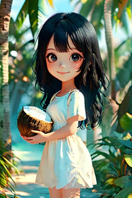 1girl,big eyes,smiling,black hair,chibi,white shirt,sky blue dress,coconut,coconut in her hand,ray tracing,chibigirl,simple background,, (best quality), ((masterpiece)), (an extremely delicate and beautiful), original, extremely detailed wallpaper