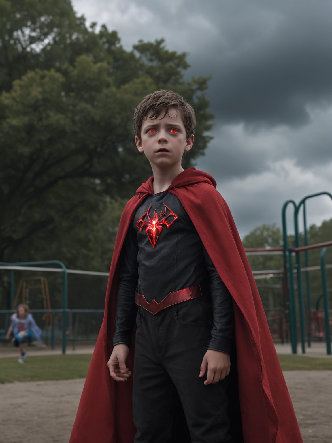 (1boy), A photo of a young evil superhero boy Brandon Breyer, ((Brightburn)), wearing a dark evil costume and a wavy cape (levitating above school playground with glowing red eyes, detailed angry face). It is dark and stormy, there are children watching in terror. 8k sharp focus, (accurate cinematic lighting), photorealistic detail, (selective focus:0.6)