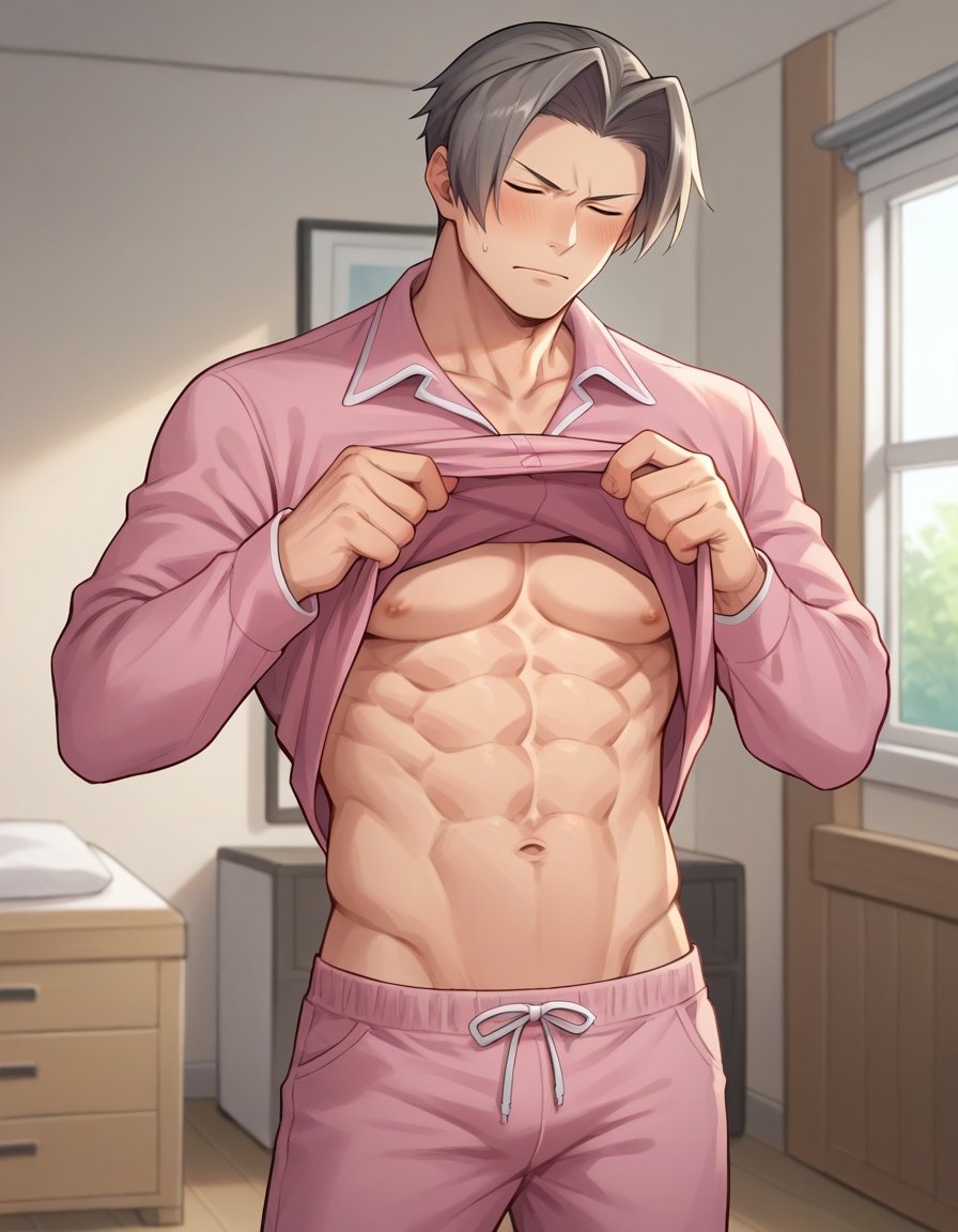 sscore_9, score_8_up, score_7_up, source_anime, miles edgeworth, 1boy, male focus, solo, muscular male, large pectorals, abs, closed eyes, v-shaped eyebrows, closed mouth, blush, embarrassed, indoors, pajamas, collared shirt, pink shirt, pink pants, shirt lift, lifted by self, clothes lift, cowboy shot, navel, casual, bedroom, <lora:miles_edgeworth_pony:1>