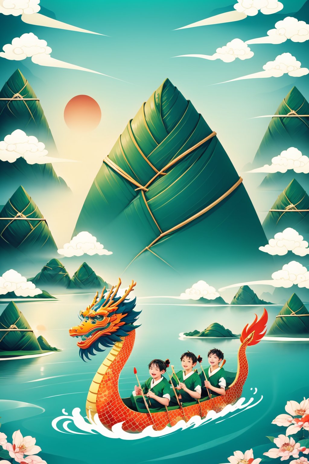 <lora:AgainDragonBoatFestival:1>,AgainDragonBoatFestival, DragonBoatFestival, 1girl, black hair, dragon, multiple boys, mountain, eastern dragon, cloud, sun, short hair, 2boys, water, sky, outdoors, smile, open mouth, flower, boat, holding, paddle, lake, horns, shirt, watercraft, green shirt, tree, hair bun, river, chinese zodiac, scenery, child, 1boy, year of the dragon,