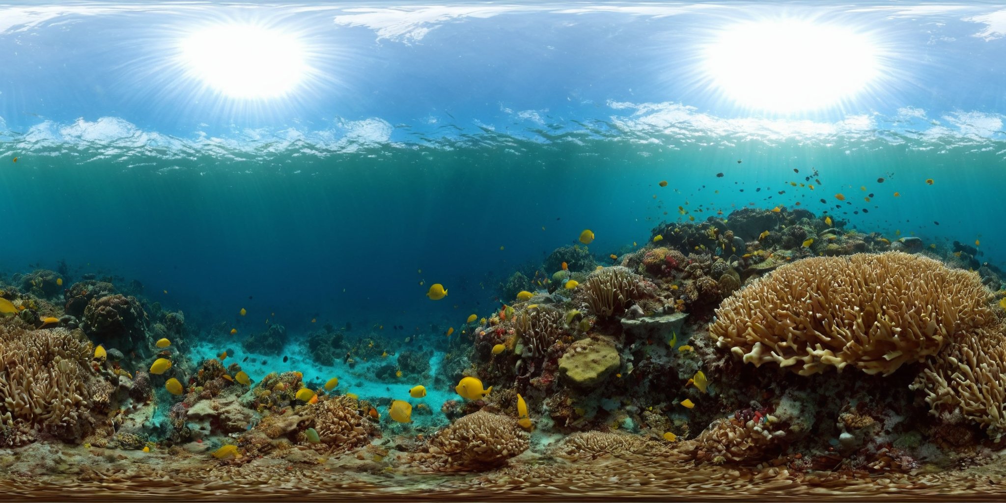 360panorama,<lora:HMSG360海底世界XL-000005:1>,<lora:光影XL:1>,Underwater world,Swimming fish,Coral reef exploration,Deep sea,Sunlight filtering through water,No specific artist,Photo-realistic,Fantasy,Digital painting,Nature scene,Vibrant marine colors,High-definition rendering,4K,High detail,