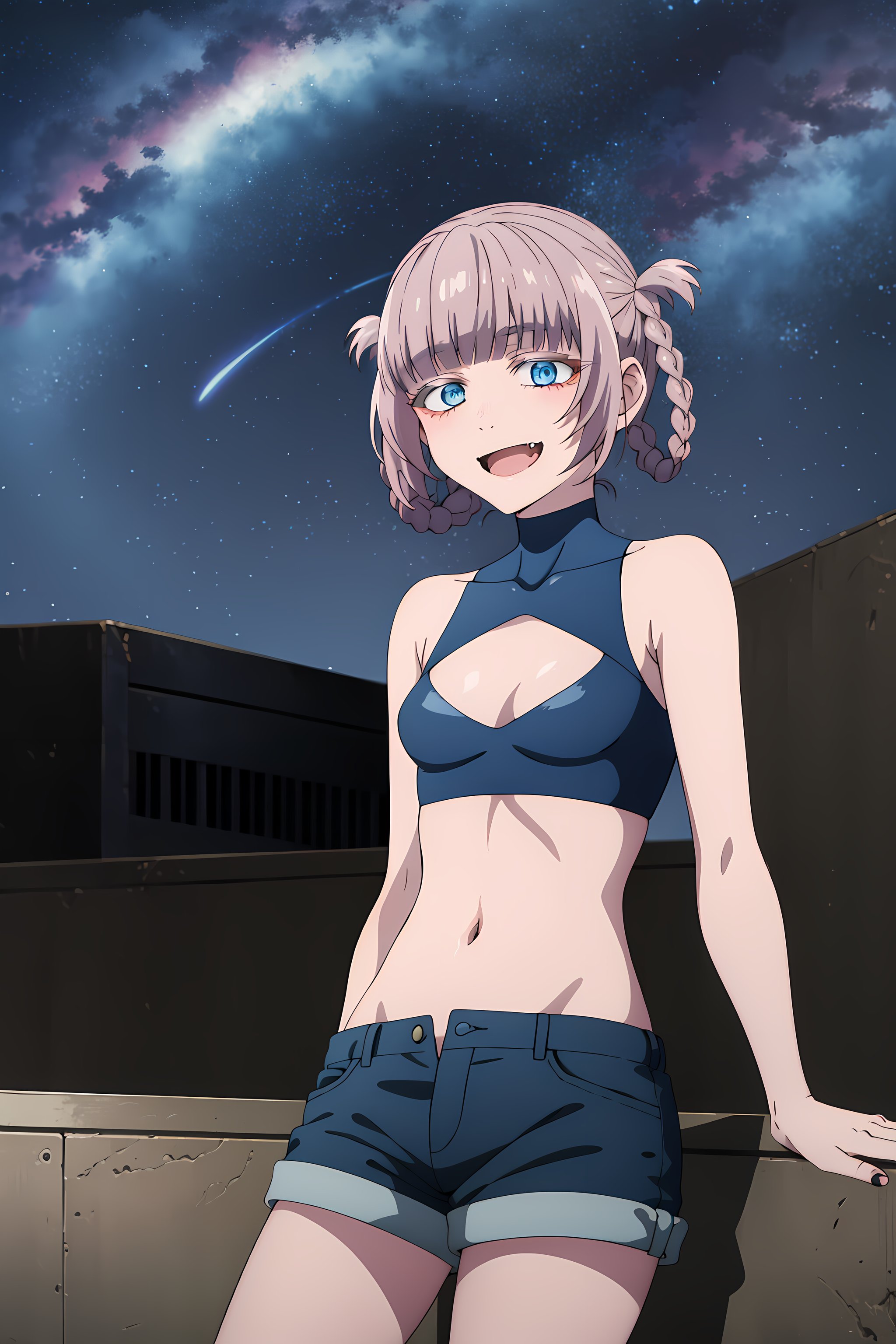 best quality, masterpiece, detailed,<lora:YofukashiNoUta_NanakusaNazuna:0.9>, NanakusaNazuna,1girl, open mouth, smile,pink hair, short hair, blunt bangs, braid, hair rings, blue eyes, fang,NanakusaCropTop, crop top, cleavage cutout, navel, short shorts,arms at sides, looking at viewer,cityscape, rooftop, starry sky, milky way