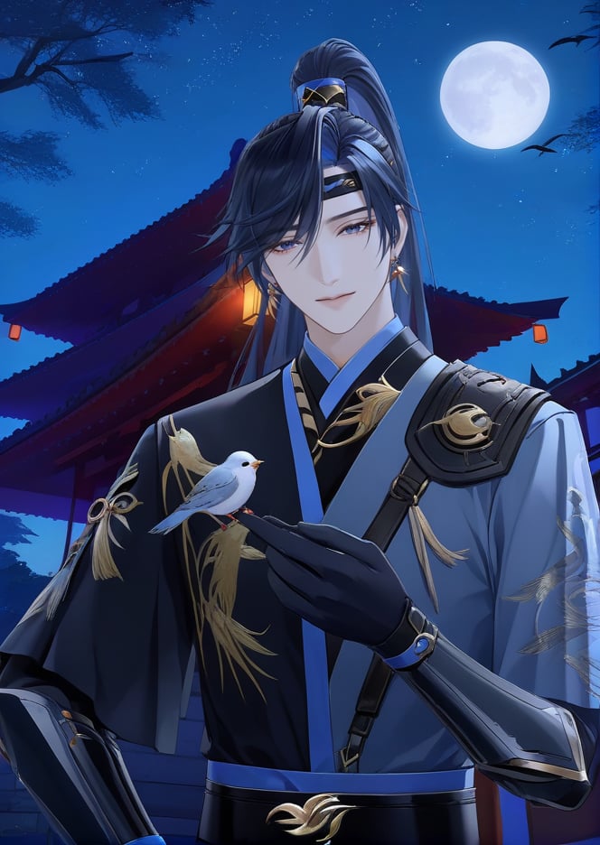 (best quality), ((masterpiece)), (highres), illustration, original, extremely detailed,  <lora:古风·鸢行风上:0.7>1boy, male focus, moon, night, solo, black hair, headband, architecture, full moon, east asian architecture, sky, high ponytail, night sky, holding, jewelry, bird, upper body, outdoors, gloves, armor, earrings, black gloves, ponytail, star \(sky\)