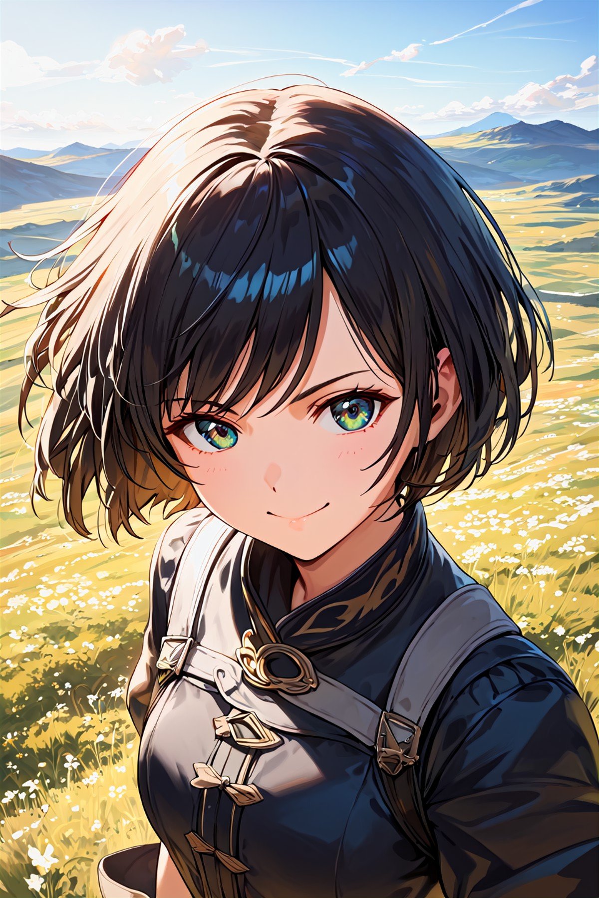 score_9,best quality,1girl,(frown:1.3),(smile:1.3),looking at viewer,fantasy,wind,short hair,(upper body:0.8),(close up:1),from above,(landscape:0.6)