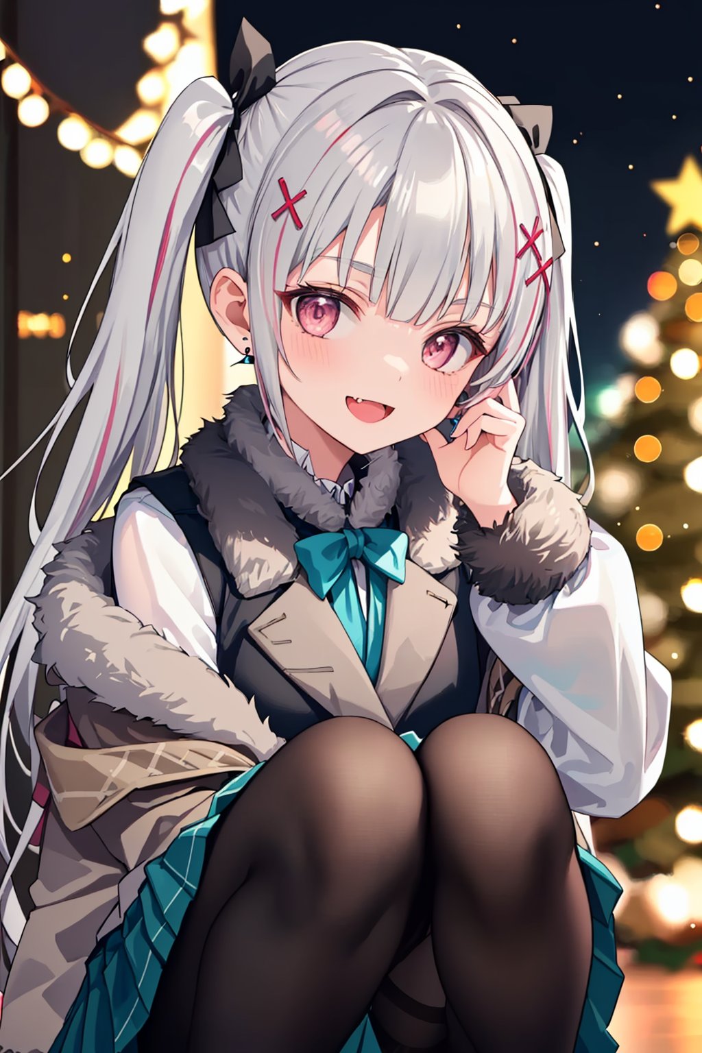 masterpiece,best quality, highly detailed, asumi sena,1girl, solo, fang, black pantyhose, earrings, looking at viewer, twintails, blush, long sleeves, hair bow, grey skirt, open mouth, squatting, plaid skirt, :d, x hair ornament, blurry background, jacket, black bow, pleated skirt, hands up, ribbon, christmas, christmas tree, fur-trimmed sleeves, feet out of frame,<lora:asumi_sena:1>