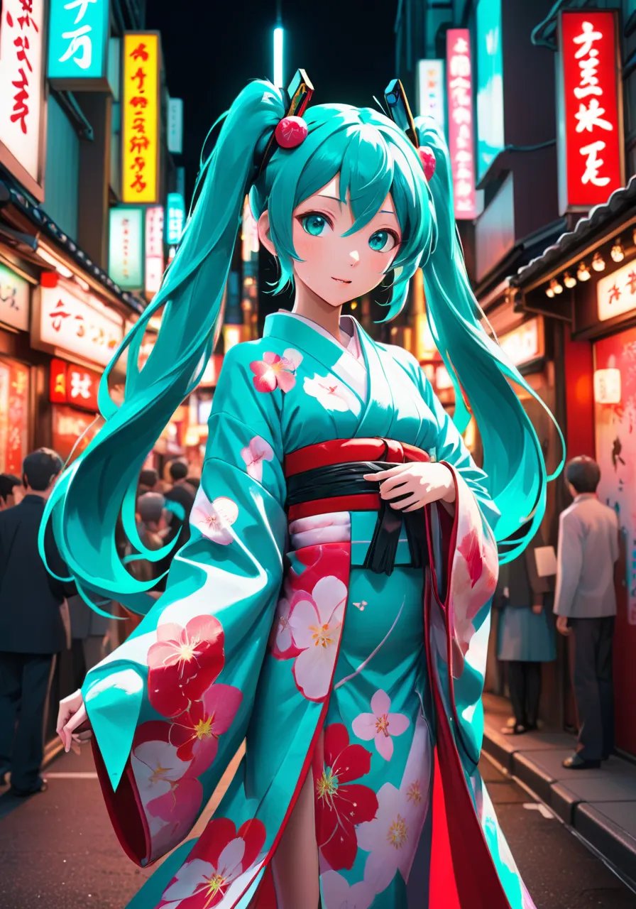 highres,best quality,pov,nsfw,Photo of Hatsune Miku standing in the vibrant neon-lit streets of Kabukicho, Tokyo, dressed in a traditional kimono and enticing passersby with a captivating performance, as she mesmerizes the audience with her holographic charm and vocal prowess