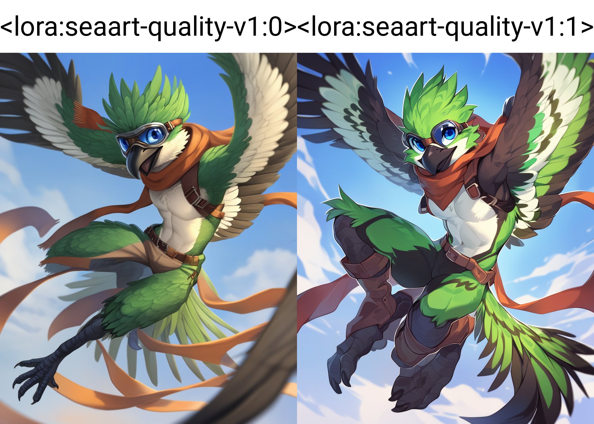 solo male anthro bird, avian, winged arms, green feathers, feathered crest, multicolored feathers, countershading, black feathers, blue eyes, black pupils, black beak,flying, blue sky, action pose, pinup, scarf, athletic male, aviator goggles, feather tuft, looking at viewer, full-length portrait,best quality,<lora:seaart-quality-v1:0>