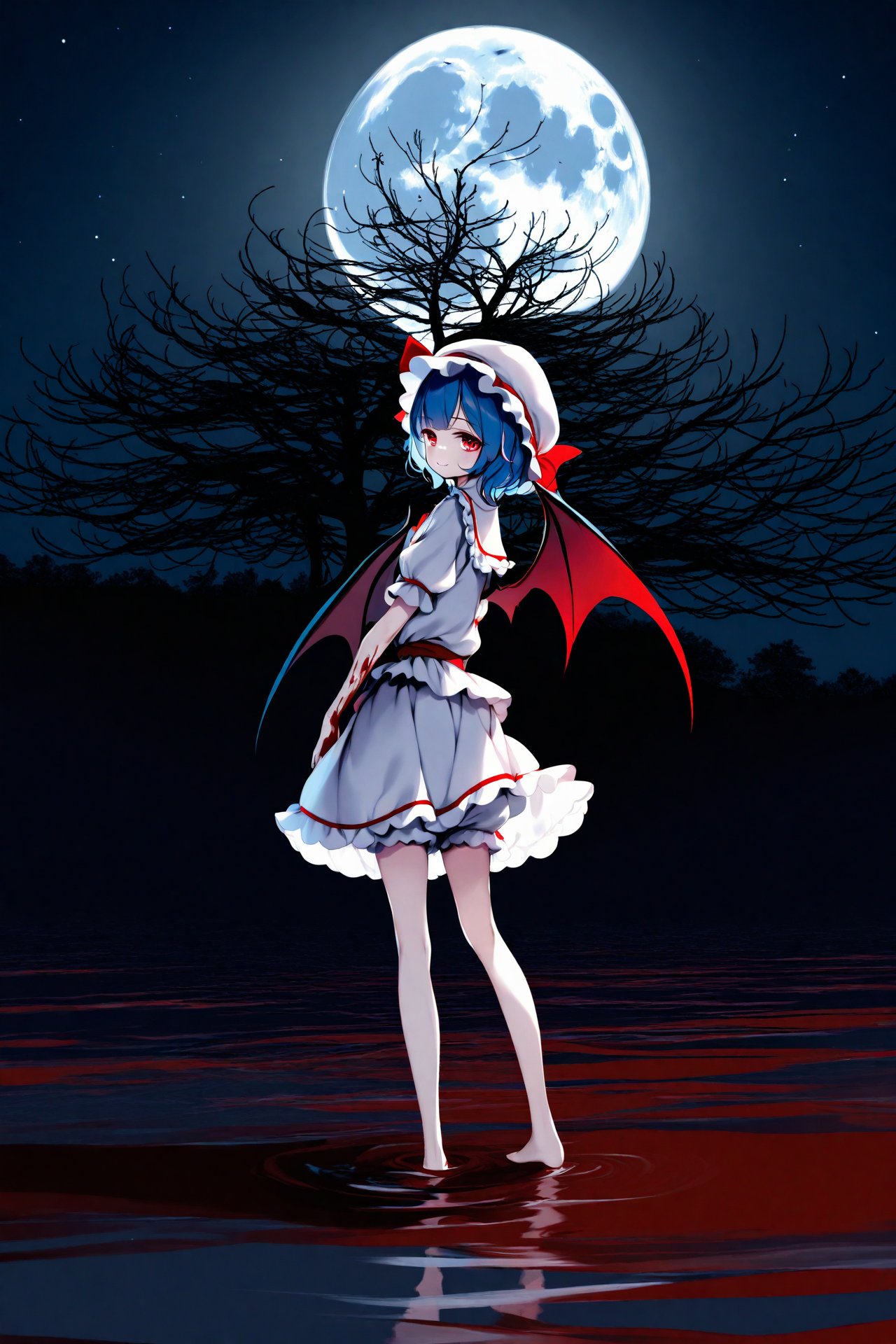 (masterpiece),(best quality),2023 Era,illustration,ultra detailed,hdr,Depth of field,(colorful),loli,1girl,ke-ta,ascot,bare tree,barefoot,bat wings,best quality,blood,blood on hands,bloomers,blue hair,frills,from behind,full body,full moon,hat,hat ribbon,looking at viewer,looking back,mob cap,moon,night,night sky,outdoors,pool of blood,puffy short sleeves,puffy sleeves,red eyes,red moon,red ribbon,remilia scarlet,ribbon,sash,shirt,short hair,short sleeves,skirt,skirt set,sky,smile,solo,standing,standing on liquid,star (sky),starry sky,tree,underwear,water,white bloomers,white skirt,wings,