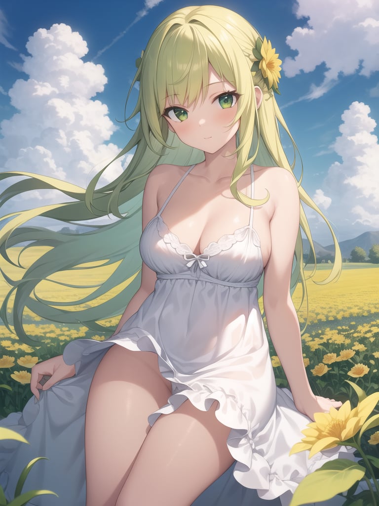 masterpiece,best quality,detailed,1girl,flower field,Cumulonimbus clouds,flower sundress,medium breasts,blonde|green hair