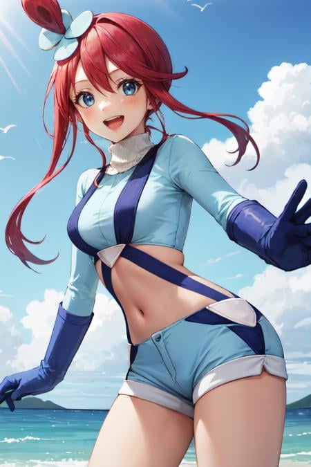 skyla, 1girl,solo, blue gloves, turtleneck, short shorts, crop top, blue shirt,smile, happy, open mouth, sky, cowboy shot, outdoors<lora:skyla_pokemon:1> 