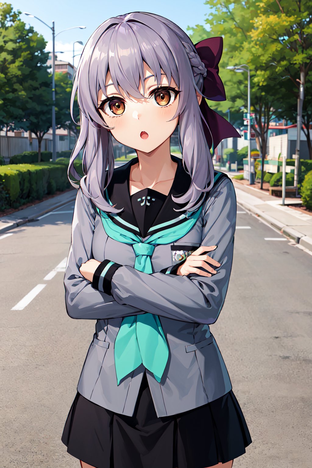 masterpiece, best quality, highres, aashinoa, hair bow, serafuku, sailor collar, green neckerchief, grey shirt, long sleeves, black skirt, <lora:hiiragi_shinoa_v1:0.7>, crossed arms, :o, street,