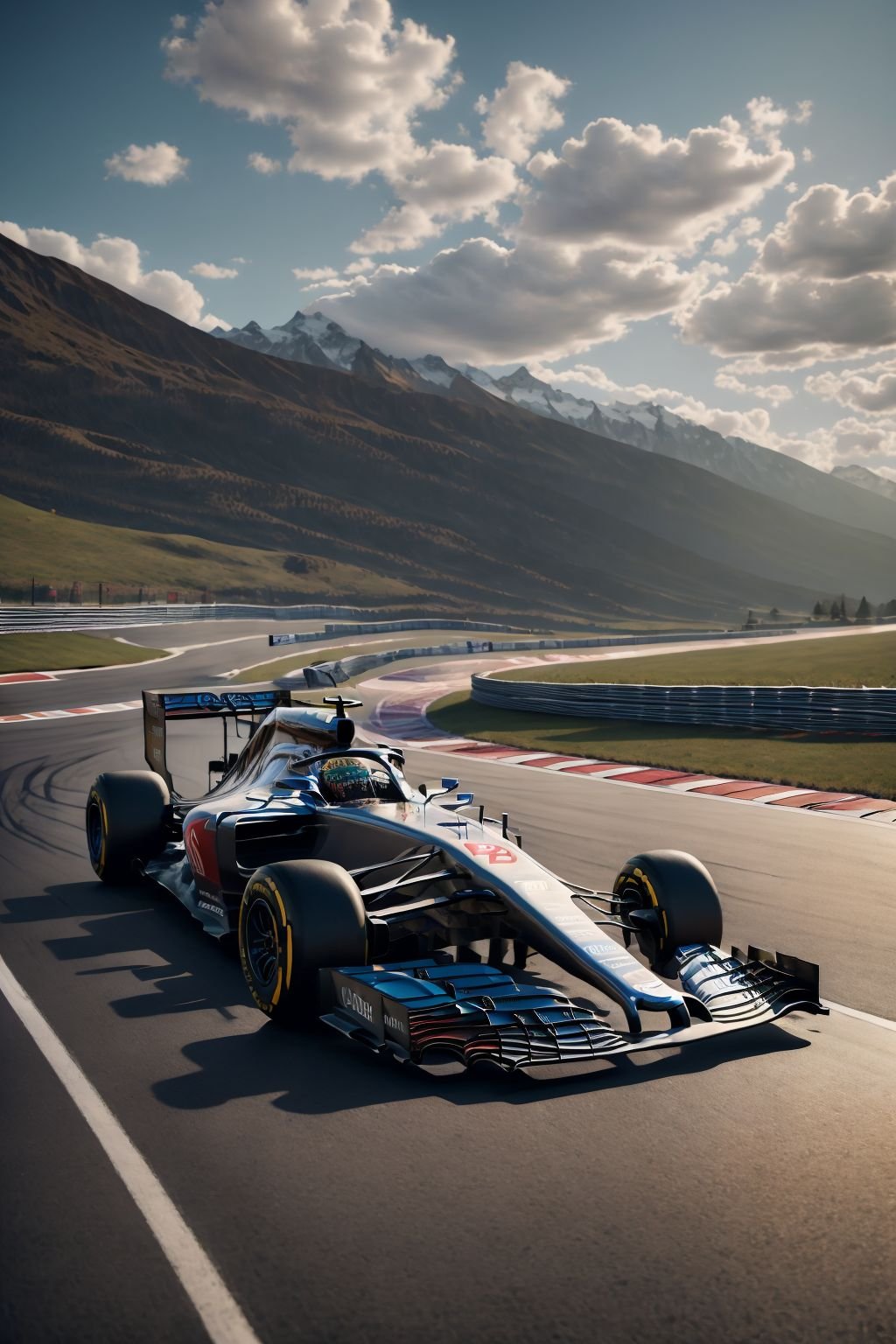 ultra realistic 8k cg,picture-perfect face,flawless,clean,masterpiece,professional artwork,famous artwork,cinematic lighting,cinematic bloom,F1 racing car,outdoors,sky,day,cloud,no humans,shadow,ground vehicle,scenery,motor vehicle,mountain,car,road,vehicle focus,mountainous horizon,