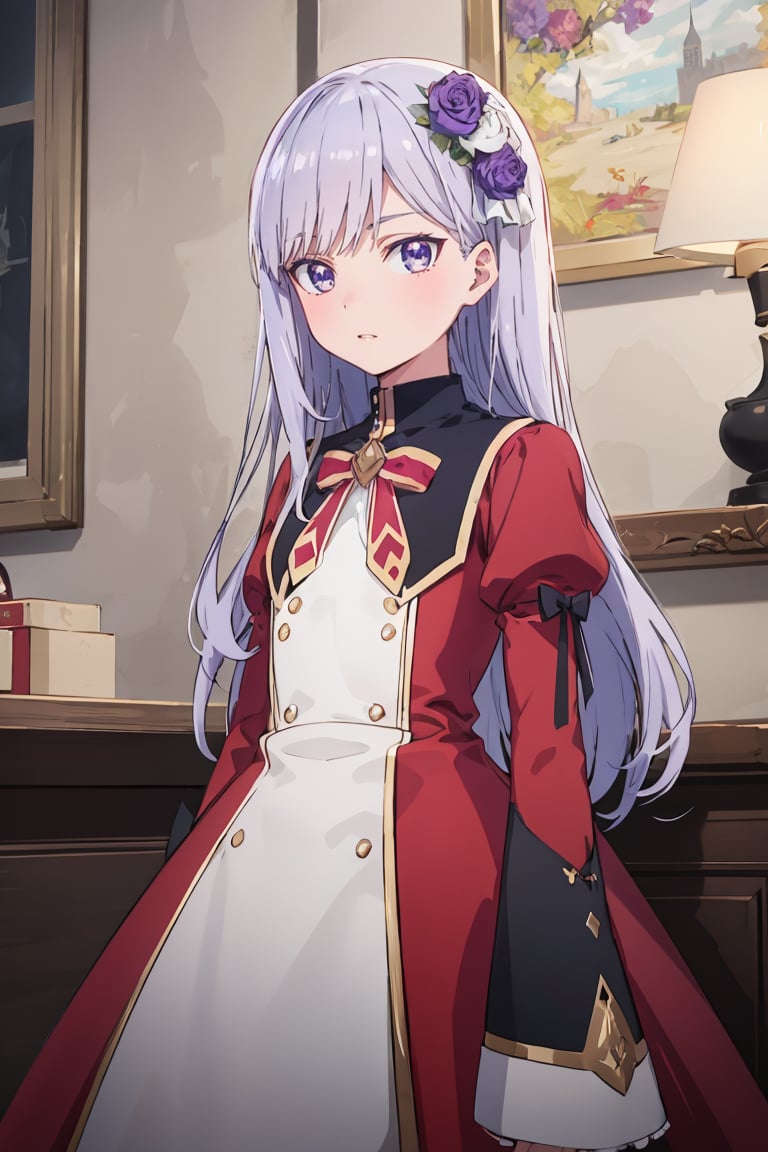 masterpiece, best quality, ultra-detailed, glistening shiny, glowing light, ray tracing, HDR, deph of field, (perfect face, detailed face), <lora:ChristinaBeltrum:0.8>, christinabeltrum, long hair, flower hair ornament, red dress, black collar, puffy sleeves, long sleeves, red bowtie, standing