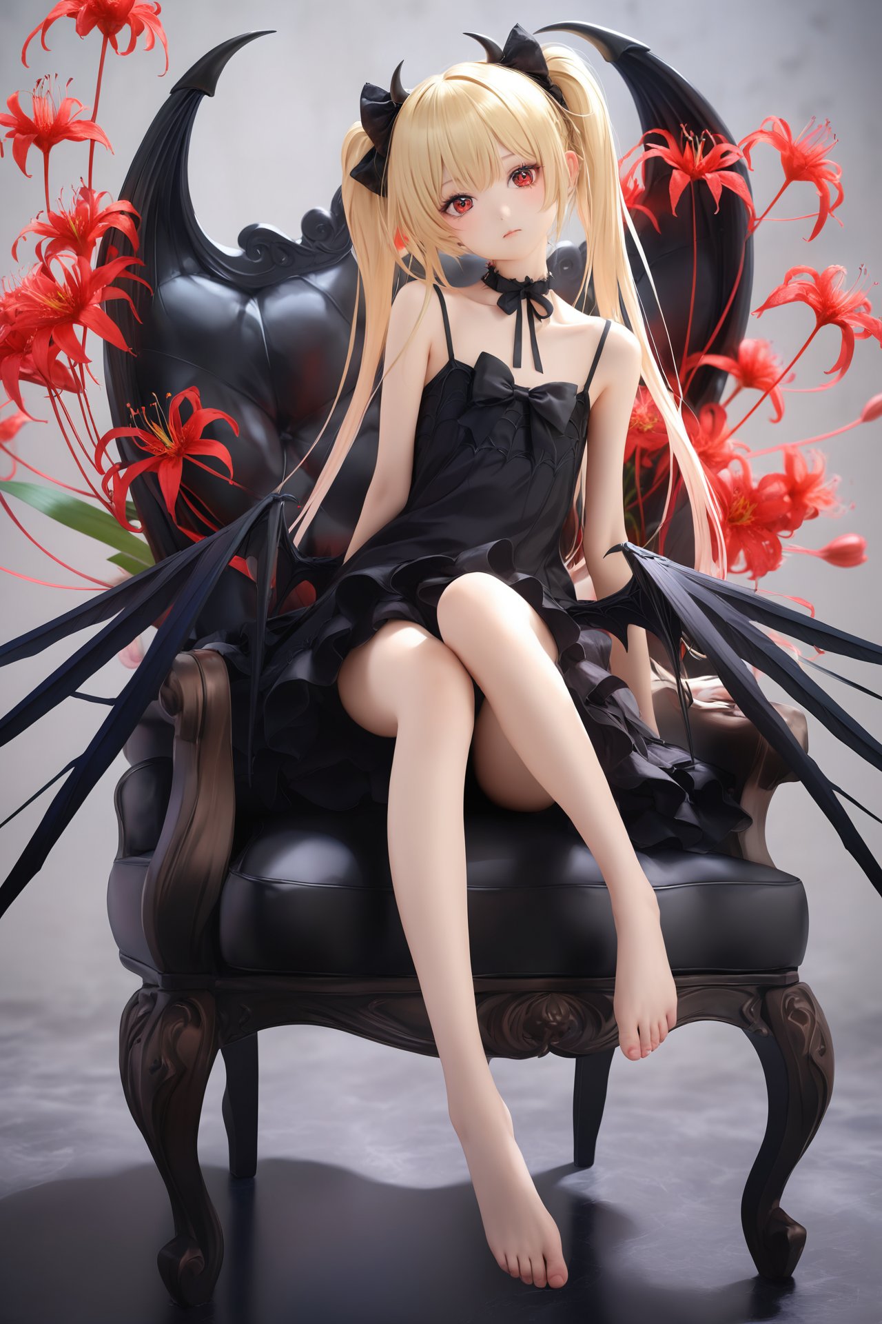 (masterpiece), (best quality), illustration, ultra detailed, hdr, Depth of field, (colorful),loli,[Artist:wlop],[[Artist:sheya]],Artist:hiten_(hitenkei),1girl, solo, dress, horns, red eyes, spider lily, twintails, sitting, black dress, sleeveless, flower, sleeveless dress, looking at viewer, collarbone, hair between eyes, wings, bow, closed mouth, red flower, choker, bare arms, hair bow, long hair, demon horns, bare shoulders, black bow, demon wings, chair, black choker, sidelocks, blush, breasts, feet out of frame, demon girl, white background, black wings, blonde hair