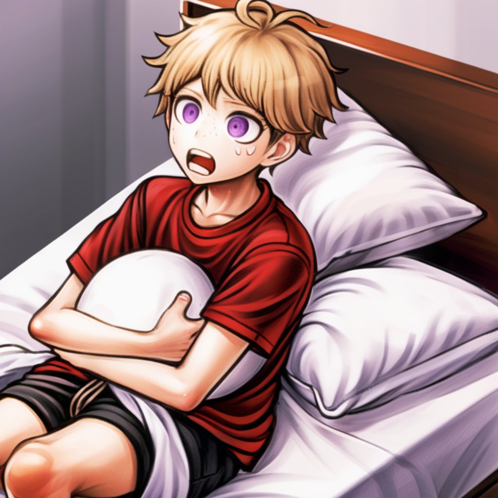 a boy with short golden hair and purple eyes wearing red shirt and black shorts is lying in bed holding a pillow in his hands, crying, komatsuzaki rui style, <lora:danganronpa_style-V1.0:0.8>