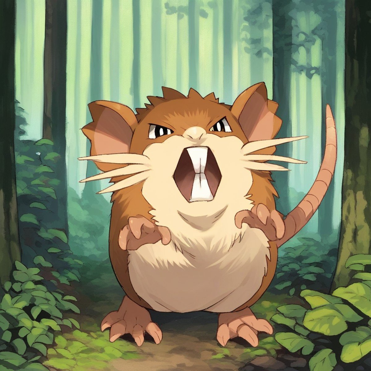 (source_anime, score_9, score_8_up, score_7_up:1), solo male, raticate, feral, looking at viewer, outdoors, forest