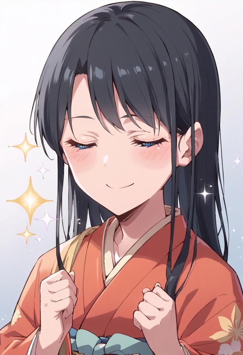 score_9, score_8_up, score_7_up, source_anime,nanakura rin, black hair, blue eyes, long hair, 1girl, solo, smile, japanese clothes, closed eyes, kimono, blush, red kimono, upper body, facing viewer, sparkle, closed mouth