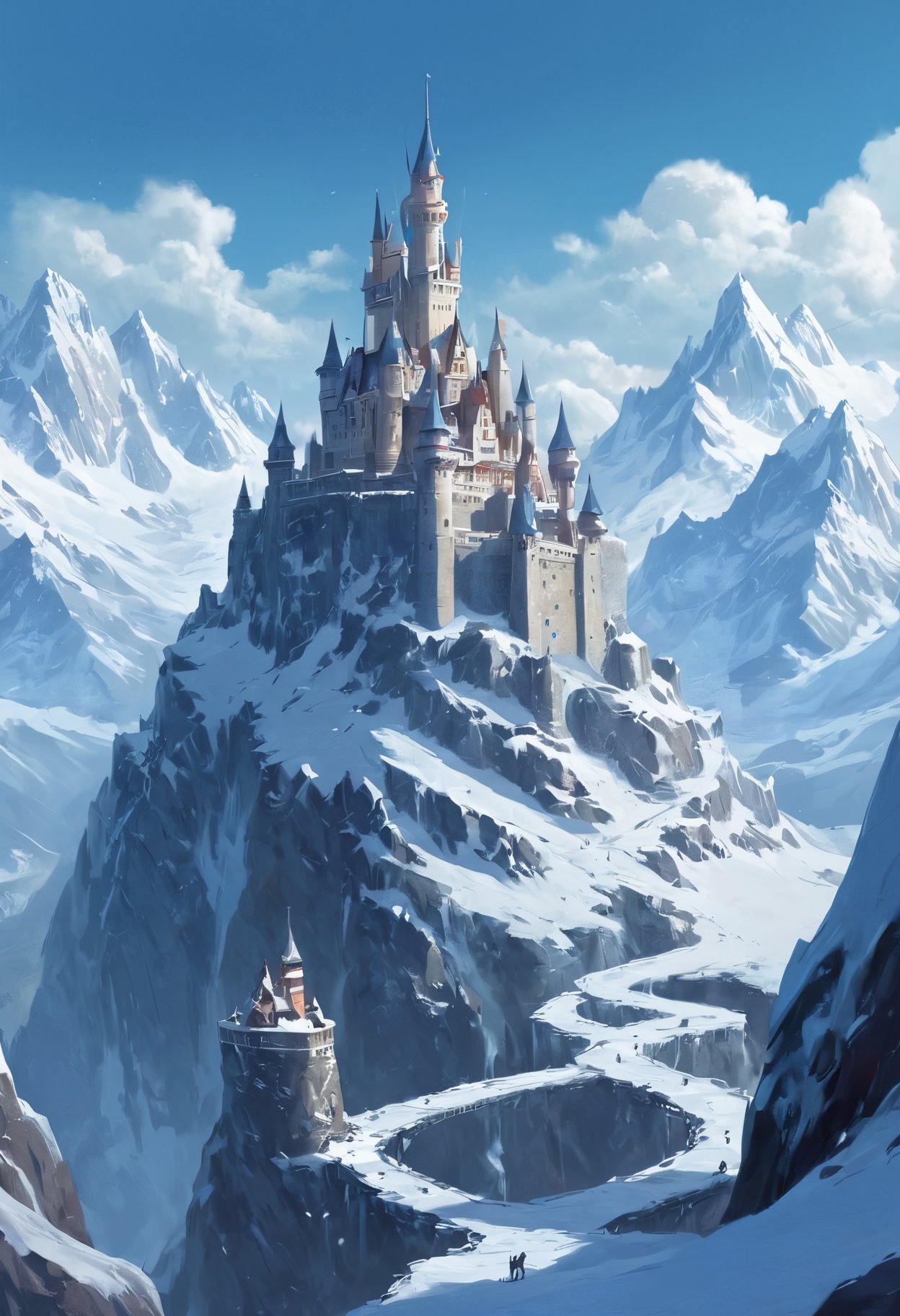 A treacherous, icy mountain range, shrouded in perpetual snow and ice. Atop one of these peaks stands a majestic castle, home to a proud kingdom that has mastered the art of ice magic. Brave adventurers make the perilous journey to seek out its riches and knowledge.