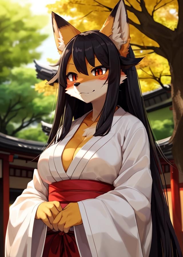 (by Kame 3:1.25), by Kinokoningen, by Shuuko, female (kemeno fox:1.25), yellow body, large breasts, wide hips, curvy figure, white japanese clothing, markings, long hair, black hair, (half-length portrait, looking down:1.25), BREAK, japanese temple, tree, sunny day, sunlight, detailed background, depth of field, ambient silhouette, masterpiece, best quality, light, 4k, 2k, (high detail:1.25), shaded, photography