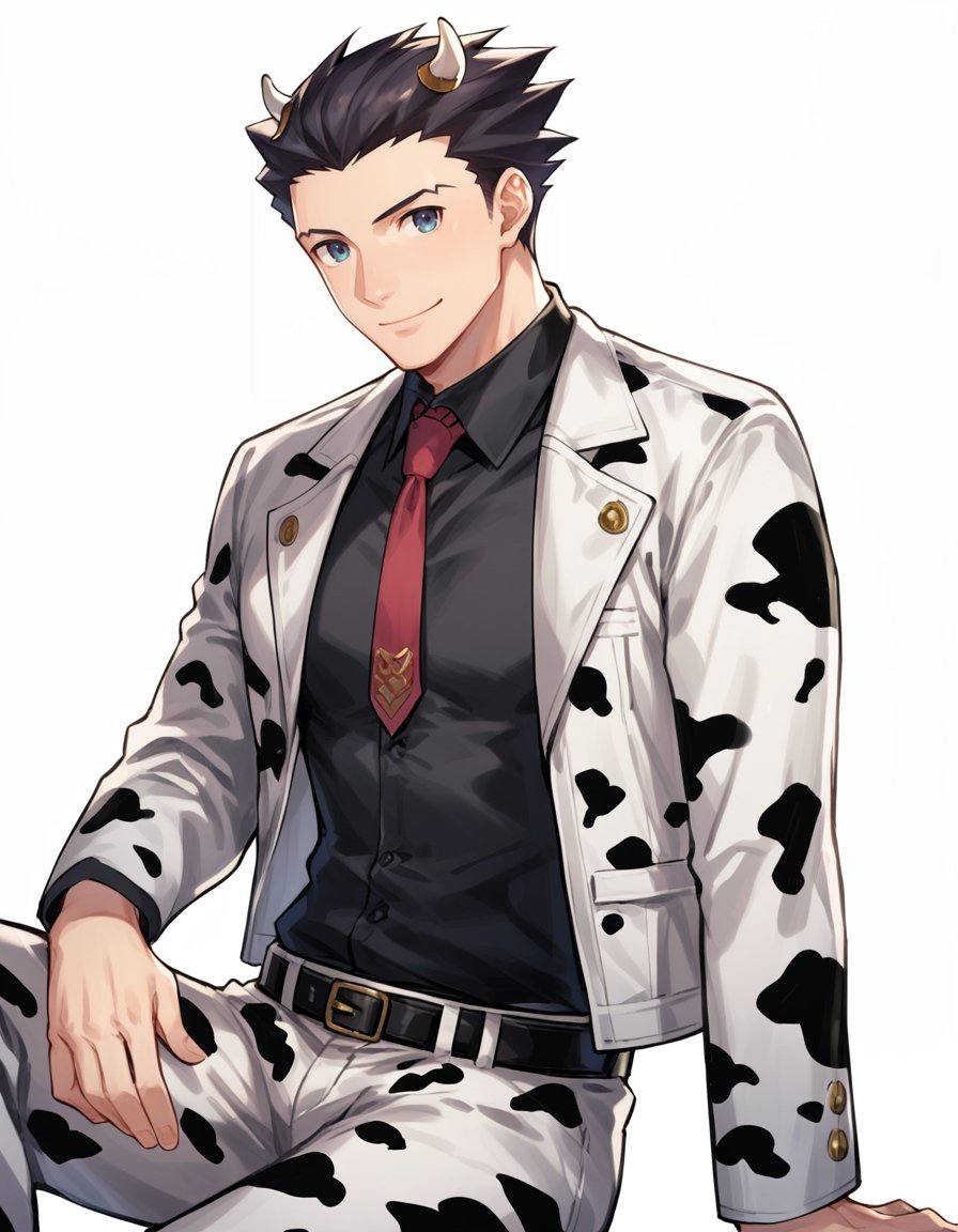 score_9, score_8_up, score_7_up, source_anime, <lora:Phoenix_Wright__Pony:1>, phoenix wright, 1boy, animal print, belt, black shirt, (cow print suit:1.3), feet out of frame, hand on own knee, invisible chair, jacket, knee up, male focus, necktie, print necktie, shirt, sitting, solo, white background, pants, looking at viewer, smile