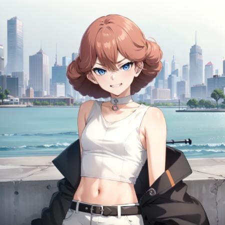 (masterpiece, best quality:1.5), <lyco:sophie_v1-000003:1.0>, sophie, blue eyes, brown hair, hair behind ear, hair between eyes, medium hair, orange hair, red hair, bangs, small breats, white belt, white shirt, black pants, midriff, navel, sleeveless, sleeveless shirt, belt, pants, collarbone, crop top, tank top jewelry, bracelet, bare arms, bare, shoulders, shirt, 1girl, solo, (smirk, naughty face, ruins, cityscape:1.2), looking at viewer, 